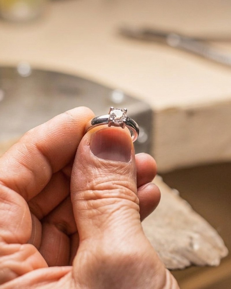 Gullsmed holder hvitgullring med diamant i verkstedet